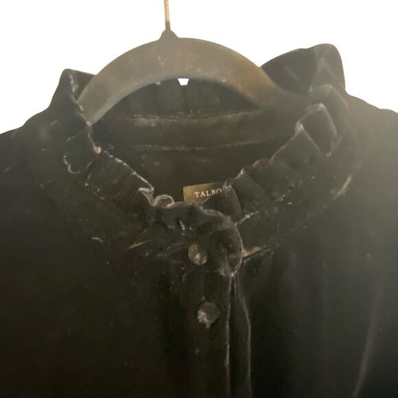 Talbots Black Velvet Long-Sleeve Blouse Ruffled Mandarin Collar Sz L Holiday - Picture 12 of 16